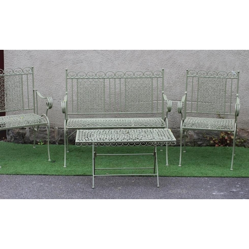 537 - A PAINTED CAST AND TUBULAR METAL TERRACE SUITE, comprising a pair of armchairs, with scroll panel ba... 