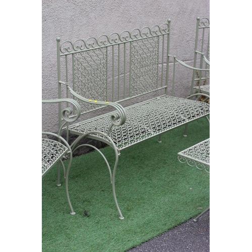 537 - A PAINTED CAST AND TUBULAR METAL TERRACE SUITE, comprising a pair of armchairs, with scroll panel ba... 