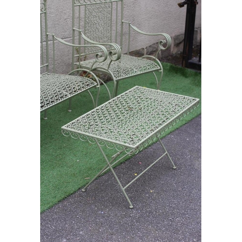 537 - A PAINTED CAST AND TUBULAR METAL TERRACE SUITE, comprising a pair of armchairs, with scroll panel ba... 