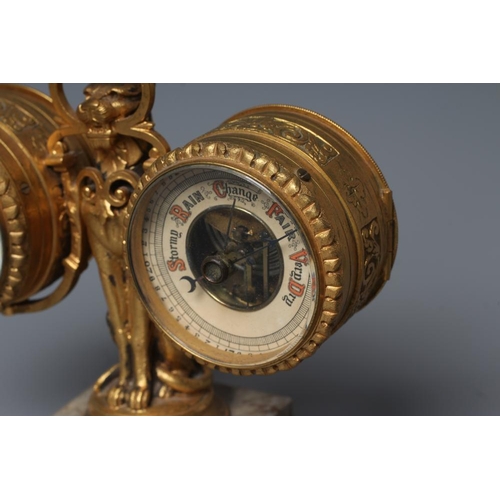 563 - A GILT METAL FIGURAL DESK COMPENDIUM, c.1900, comprising a clock and barometer suspended from a scro... 