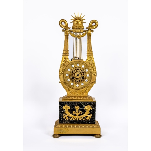 571 - A LOUIS XVI STYLE GILT METAL LYRE MANTEL CLOCK, mid 19th century, the twin barrel movement with outs... 