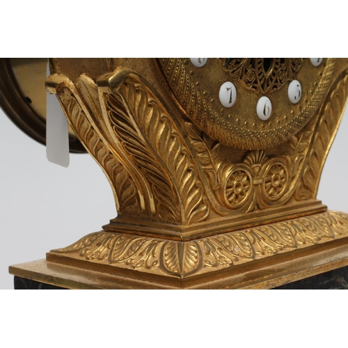 571 - A LOUIS XVI STYLE GILT METAL LYRE MANTEL CLOCK, mid 19th century, the twin barrel movement with outs... 