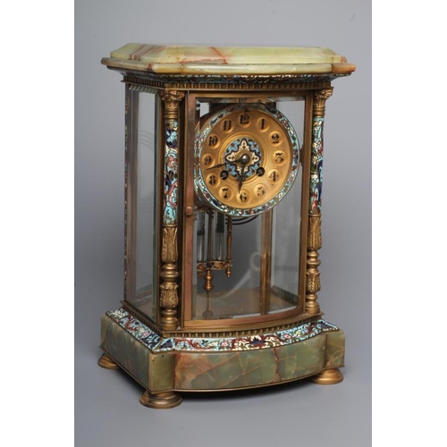 572 - A FRENCH GREEN ONYX AND CHAMPLEVE ENAMEL FOUR GLASS MANTEL CLOCK, the twin barrel movement with anch... 