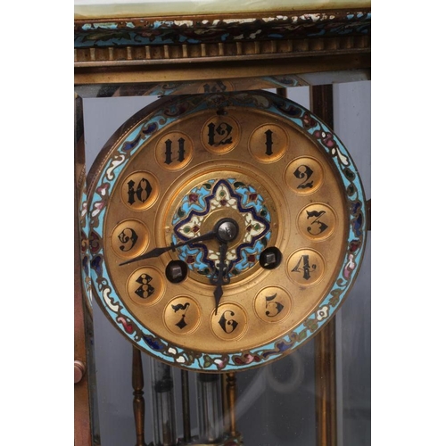 572 - A FRENCH GREEN ONYX AND CHAMPLEVE ENAMEL FOUR GLASS MANTEL CLOCK, the twin barrel movement with anch... 