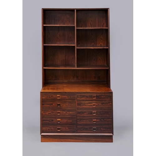 580 - A ROSEWOOD TWO STAGE BOOKCASE, mid 20th century, the upper section with straight top and chamfered e... 