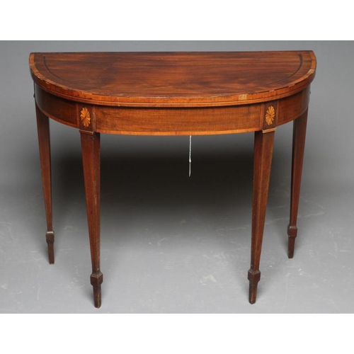 607 - A GEORGIAN MAHOGANY FOLDING CARD TABLE of D form with satinwood banding and stringing, the top lined... 