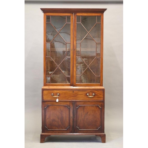 608 - A GEORGIAN MAHOGANY SECRETAIRE BOOKCASE, late 18th century, the moulded cornice over two astragal gl... 