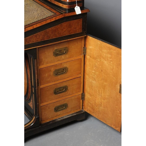 609 - A VICTORIAN YEW AND EBONISED DAVENPORT, the raised stationery compartment with brass gallery on hing... 