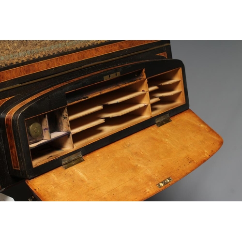 609 - A VICTORIAN YEW AND EBONISED DAVENPORT, the raised stationery compartment with brass gallery on hing... 