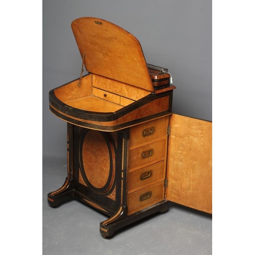 609 - A VICTORIAN YEW AND EBONISED DAVENPORT, the raised stationery compartment with brass gallery on hing... 