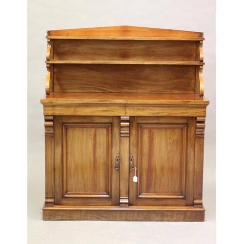 612 - A VICTORIAN MAHOGANY CREDENZA, the raised back with pedemented gallery and two graduated shelves on ... 