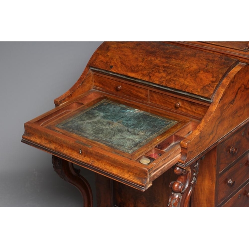 613 - A VICTORIAN BURR WALNUT DAVENPORT, the rise and fall stationery compartment with drawers and pigeon ... 