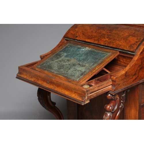 613 - A VICTORIAN BURR WALNUT DAVENPORT, the rise and fall stationery compartment with drawers and pigeon ... 