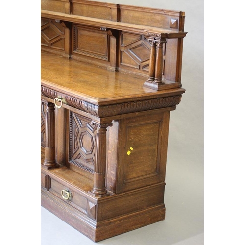 614 - A VICTORIAN CARVED OAK SIDEBOARD BY MARSH, JONES & CRIBB, LEEDS, the raised panelled back with shelf... 