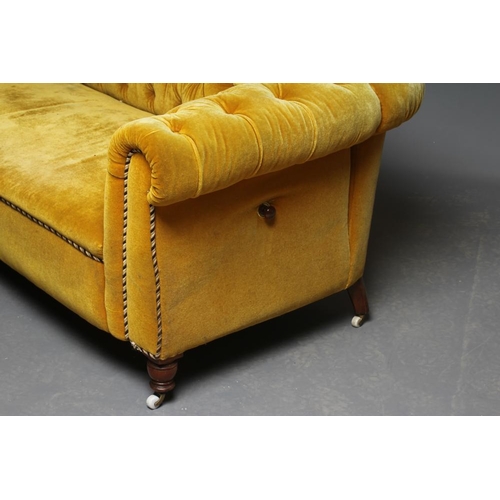 624 - A VICTORIAN WALNUT FRAMED CHESTERFIELD DROP END SETTEE button upholstered in mustard yellow velvet, ... 