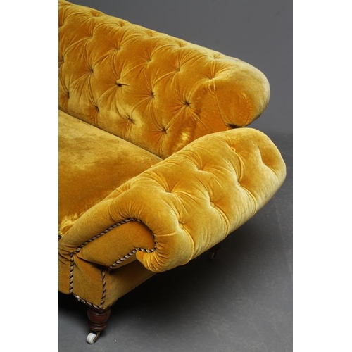 624 - A VICTORIAN WALNUT FRAMED CHESTERFIELD DROP END SETTEE button upholstered in mustard yellow velvet, ... 