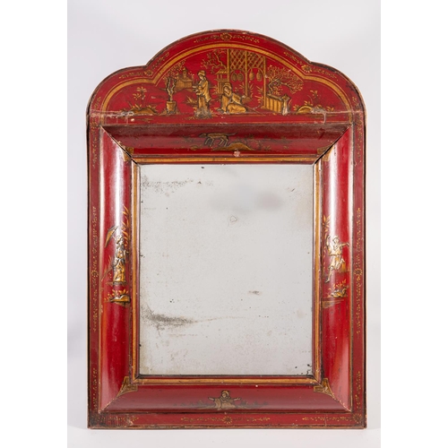 630 - A RED LACQUERED CHINOISERIE WALL MIRROR in the early Georgian style, 19th century, the oblong plate ... 