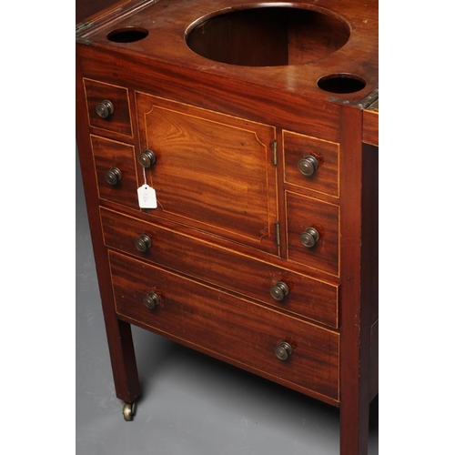 636 - A GEORGIAN MAHOGANY TOILET CHEST, late 18th century, the split hinged top opening to fitted interior... 