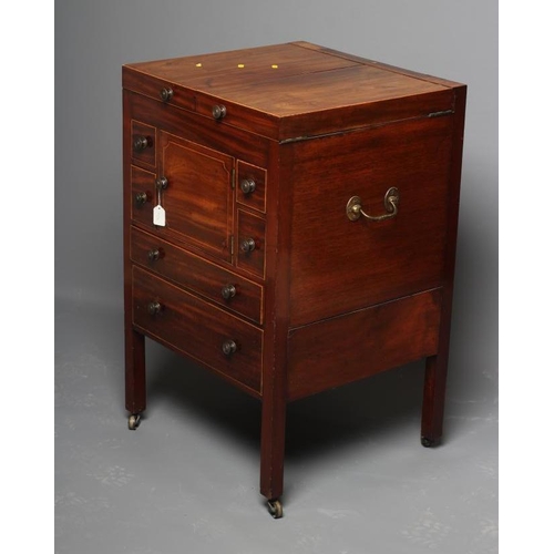 636 - A GEORGIAN MAHOGANY TOILET CHEST, late 18th century, the split hinged top opening to fitted interior... 