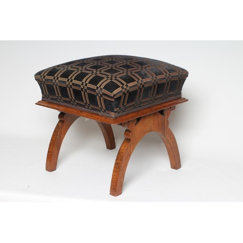 637 - A VICTORIAN WALNUT DRESSING STOOL of square form, the raised upholstered seat in black and gold cut ... 