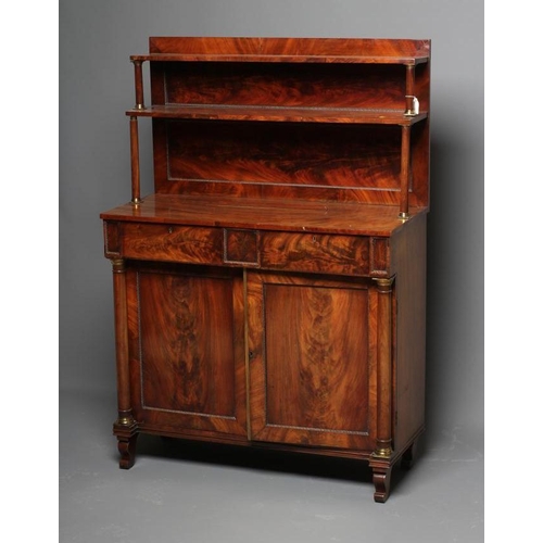 639 - A REGENCY MAHOGANY CHIFFONIER, early 19th century, the raised shelved back on turned column supports... 