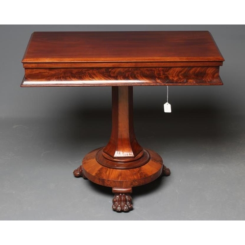 642 - A VICTORIAN MAHOGANY FOLDING TEA TABLE, the oblong swivel top with concave frieze on collared facete... 