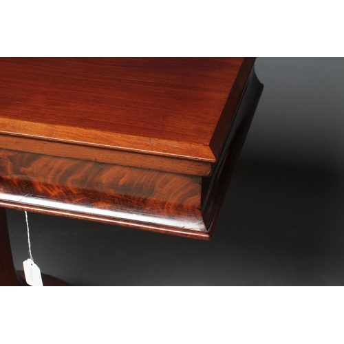 642 - A VICTORIAN MAHOGANY FOLDING TEA TABLE, the oblong swivel top with concave frieze on collared facete... 