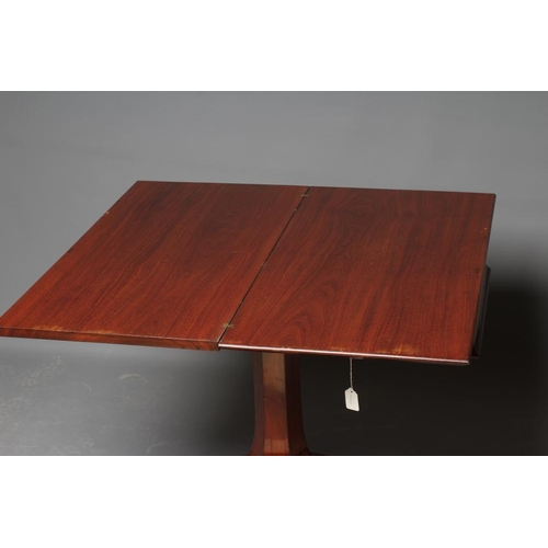 642 - A VICTORIAN MAHOGANY FOLDING TEA TABLE, the oblong swivel top with concave frieze on collared facete... 