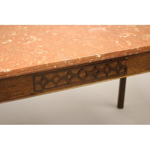 643 - A GEORGIAN STYLE MAHOGANY SIDE TABLE, early 20th century, with veined rouge marble top, raised on pl... 