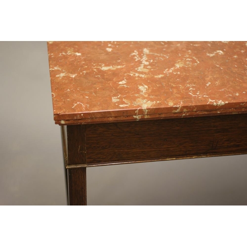 643 - A GEORGIAN STYLE MAHOGANY SIDE TABLE, early 20th century, with veined rouge marble top, raised on pl... 