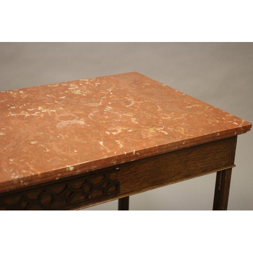 643 - A GEORGIAN STYLE MAHOGANY SIDE TABLE, early 20th century, with veined rouge marble top, raised on pl... 