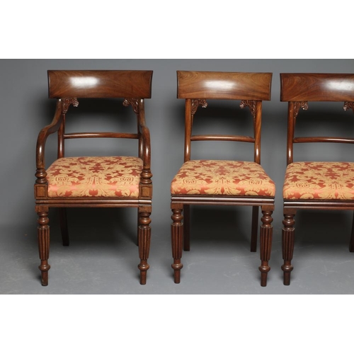 651 - A SET OF EIGHT WILLIAM IV MAHOGANY DINING CHAIRS, including an elbow chair, the open back with deep ... 