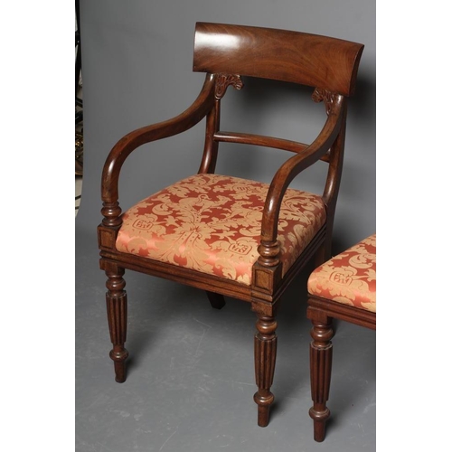 651 - A SET OF EIGHT WILLIAM IV MAHOGANY DINING CHAIRS, including an elbow chair, the open back with deep ... 