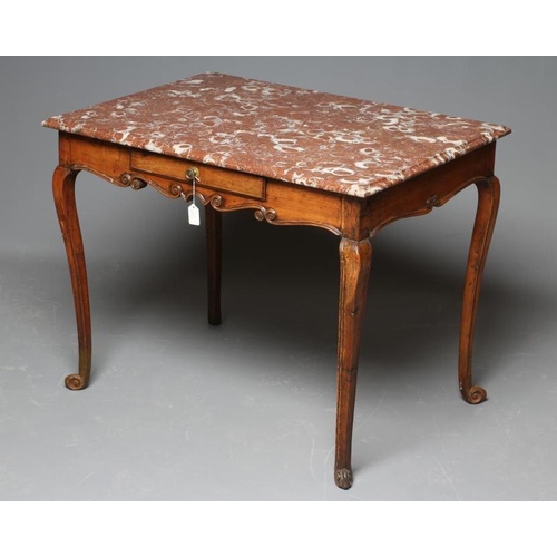 656 - A FRENCH PROVINCIAL WALNUT CENTRE TABLE, 18th century, the oblong rouge royal marble top on scroll c... 