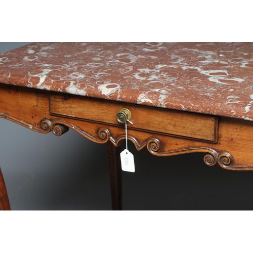 656 - A FRENCH PROVINCIAL WALNUT CENTRE TABLE, 18th century, the oblong rouge royal marble top on scroll c... 