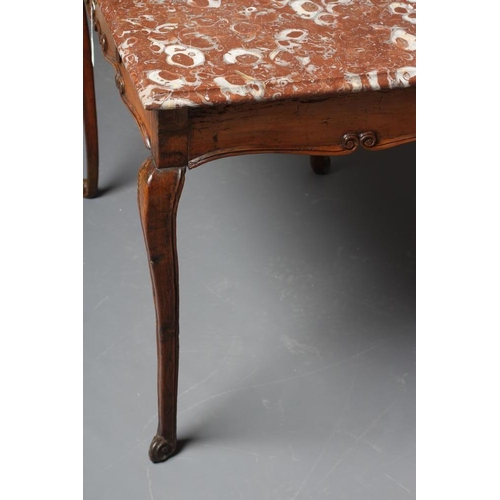 656 - A FRENCH PROVINCIAL WALNUT CENTRE TABLE, 18th century, the oblong rouge royal marble top on scroll c... 