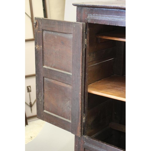 662 - AN OAK CLOTHES PRESS, c.1700, the moulded edged plank top over a pair of twin panel doors enclosing ... 