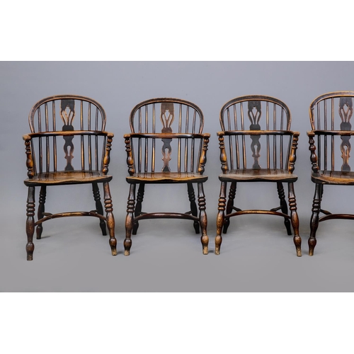 670 - A MATCHED SET OF FOUR WINDSOR ARMCHAIRS, 19th century, Nottinghamshire region, in ash and elm, the l... 