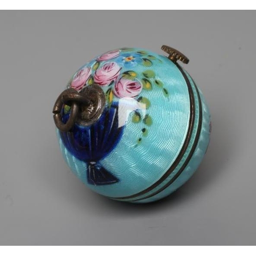 151 - A LADY'S SILVER AND ENAMEL PENDANT BALL WATCH, the silvered dial with black Arabic numerals, the un-... 