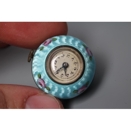 151 - A LADY'S SILVER AND ENAMEL PENDANT BALL WATCH, the silvered dial with black Arabic numerals, the un-... 