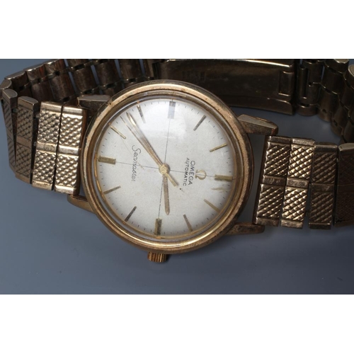 155 - A GENTLEMAN'S 9CT GOLD OMEGA AUTOMATIC SEAMASTER WRISTWATCH, the pale champagne dial with applied ba... 