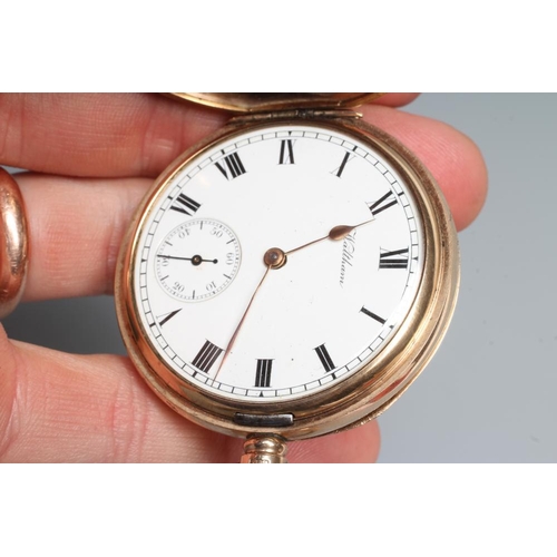 158 - A 9CT GOLD TOP WIND WALTHAM HUNTER POCKET WATCH, the white dial with black Roman numerals enclosing ... 