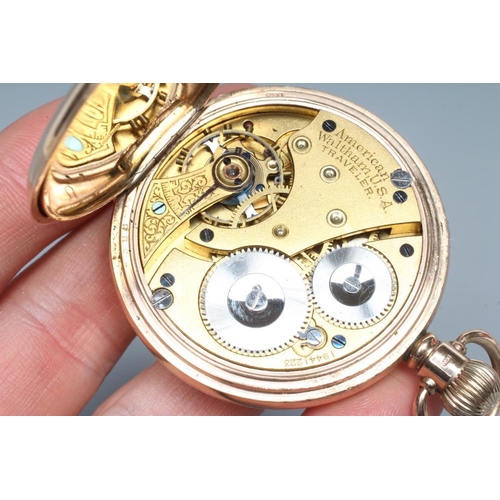 158 - A 9CT GOLD TOP WIND WALTHAM HUNTER POCKET WATCH, the white dial with black Roman numerals enclosing ... 