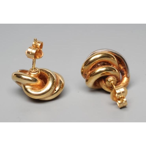 191 - A PAIR OF 18CT BI-COLOUR GOLD KNOT EAR STUDS, each set with two diamond points to the white beaded s... 