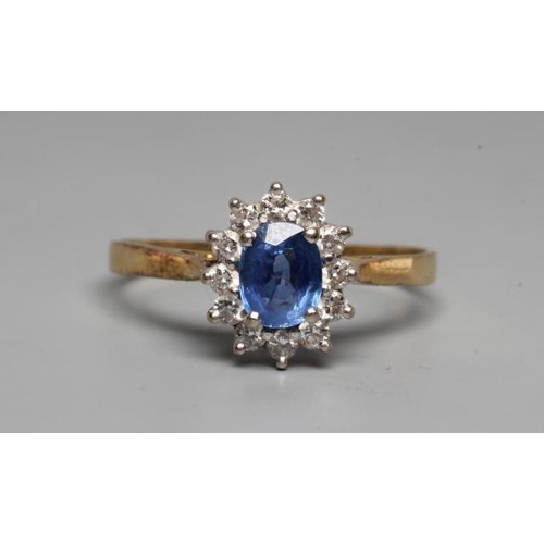 193 - A SAPPHIRE AND DIAMOND CLUSTER RING, the oval facet cut sapphire of approximately 0.44cts claw set t... 