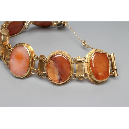 197 - A BRACELET, the six oval polished banded agate panels in rub-over settings with bar links between, u... 