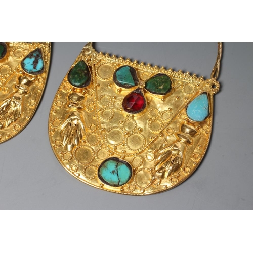 203 - A PAIR OF LARGE CHANDELIER EAR HOOPS of D form, collet set with turquoise, malachite and a ruby(?) o... 