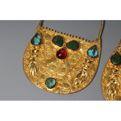 203 - A PAIR OF LARGE CHANDELIER EAR HOOPS of D form, collet set with turquoise, malachite and a ruby(?) o... 