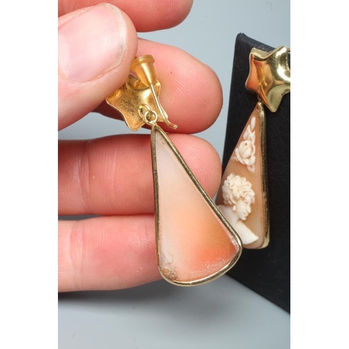 226 - A PAIR OF SHELL CAMEO DROP EARRINGS, the rounded triangular panels each carved with a lady's head po... 