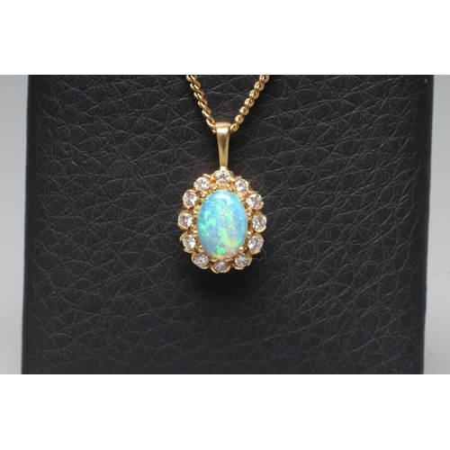 236 - AN OPAL AND DIAMOND CLUSTER PENDANT, the oval cabochon polished opal claw set to a border of small r... 